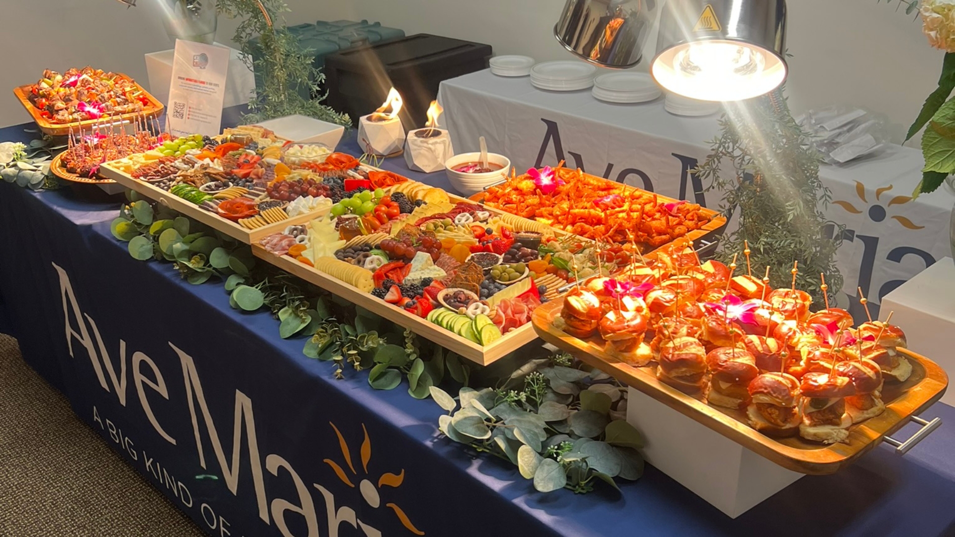 Luxury corporate lunch event setup with creative catering presentation in Naples, Florida