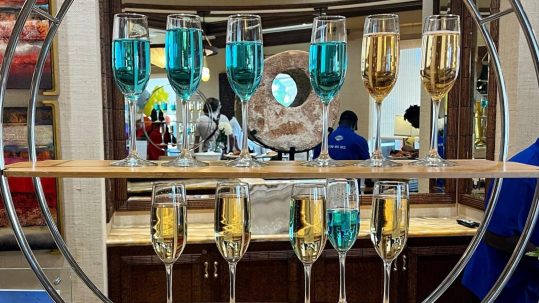 Elegant champagne tower at a wedding reception in Naples, Florida, set up by Creative Catering Naples