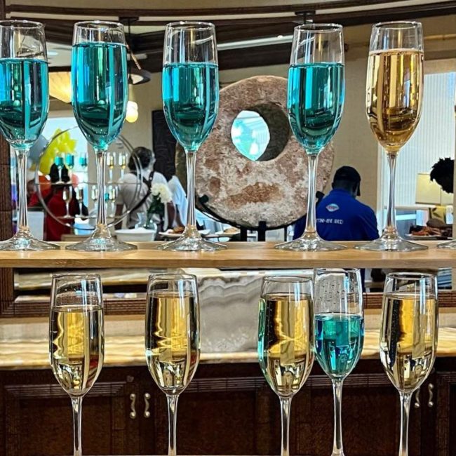 Elegant champagne tower at a wedding reception in Naples, Florida, set up by Creative Catering Naples